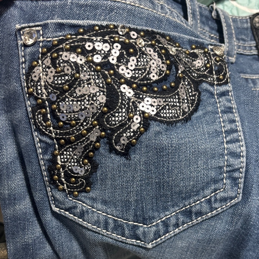 Miss Me Blue Jeans with Black and Silver Sequins